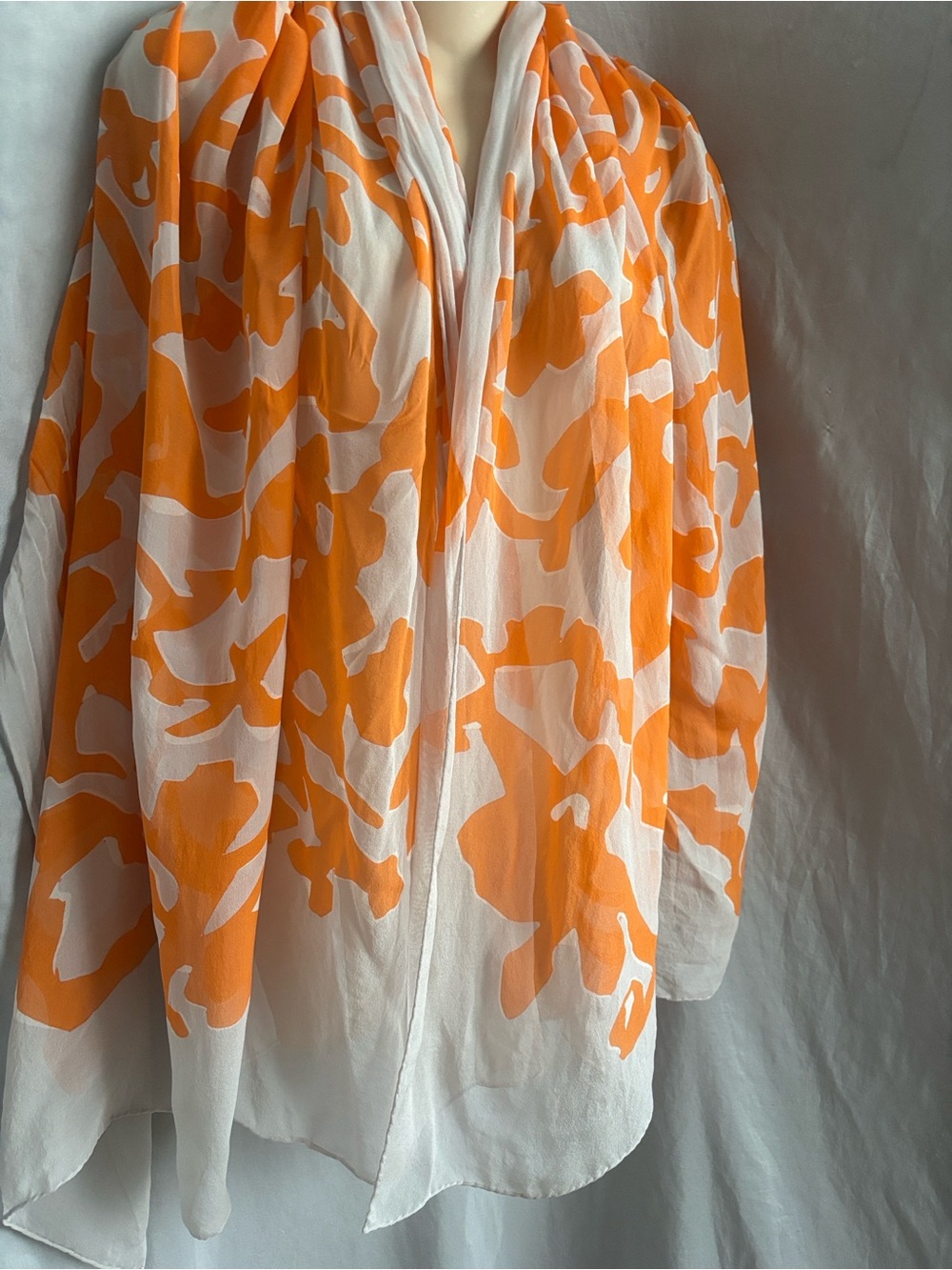 Diane von Furstenberg Orange and Gray Handrolled Sheer Silk Scarf/Shawl 68x40”